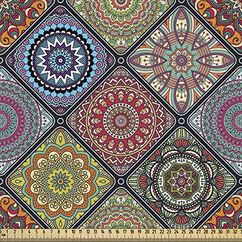 ABAKUHAUS Mandala Gewebe als Meterware, Kreise in Rechtecken, Schön Gewebten Stoff für Polster und Wohnaccessoires, 1M (148x100cm), Schwarz Mehrfarbig
