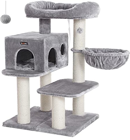 FEANDREA Árbol para Gatos, con Plataforma de Observación XXL, Tumbona de la Cesta y Cueva Grande, Postes Gruesos Envueltos en Sisal, Estable, Gris Claro PCT01W