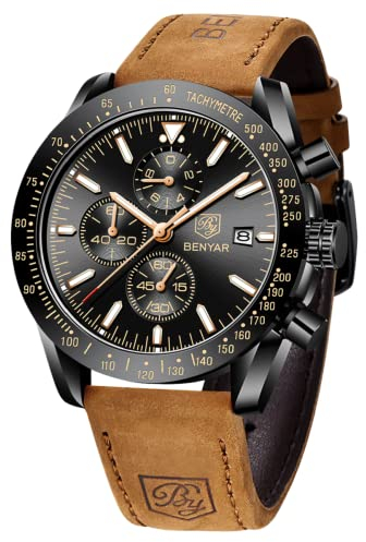 Orologio Uomo BY BENYAR Movimento al Quarzo Moda Sportivo Cronografo 30M Impermeabile Orologio da Polso Elegante con Cinturino in Pelle Regalo per Uomo