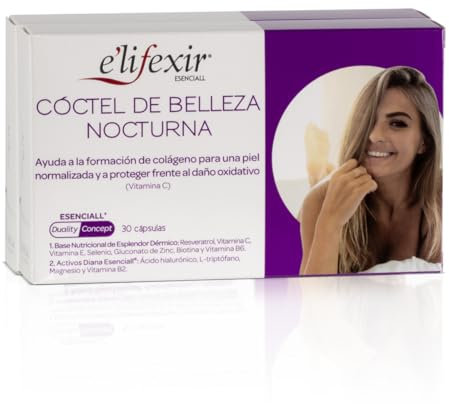 Elifexir Esenciall Cóctel de Belleza Nocturna, Cápsulas de Ácido Hialurónico y Vitamina C, Ayuda a la Formación de Colágeno y Protege del Daño Oxidativo, 60 Cápsulas