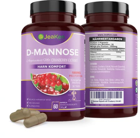JeaKen D-Mannose Kapseln mit Cranberry-Extrakt - Natürliches Antibiotikum - 60 Hochdosierte Kapseln für Blasenentzündung - Rein aus D-Mannose Pulver