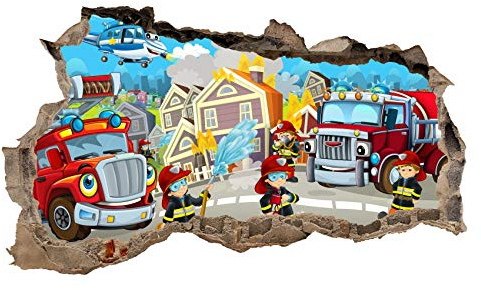 3D Wandtattoo Mauerloch Wandsticker Wandaufkleber Durchbruch Kinder selbstklebend H 60 x B 100 Schlafzimmer Kinderzimmer (WL50 Feuerwehr)