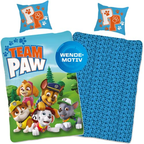 Paw Patrol Bettwäsche 135x200 cm 80x80 Kissen-Bezug [Wendemotiv] Kinder-bettwäsche Jungen Baumwolle Öko-Tex Standard 100 Deutsche Größe