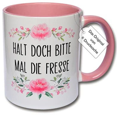 Lustige Tasse, Kaffeetasse mit Spruch Halt doch bitte mal die Fresse Geschenk Kollegen Büro (Rosa)