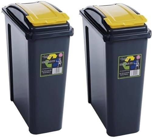 (𝐒𝐞𝐭 𝐨𝐟 𝟐) 25 Litre Slimline Recycling Waste Bin - Yellow Lid | Slim Kitchen Trash Can Waste Rubbish Dustbin | Food Storage Bin / Food Waste Bin, Office Bin, Bins For Kitchen, Cabinet, Bathroom