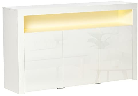 HOMCOM Buffet Moderne à 3 Portes avec lumières LED colorées et télécommande, Meuble Multifonction en Bois avec Finition Brillante, pour Cuisine et Salon, Blanc