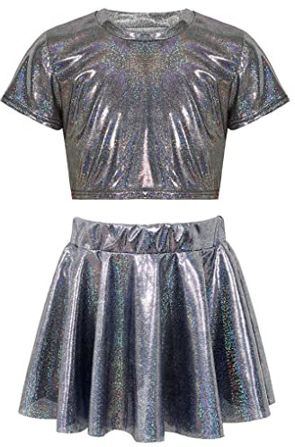 Nimiya Kinder Mädchen Tanz Outfit Shiny Metallic Oberteile Shirt Sommershirt A-Linie Tanzrock Glocken Rock Fasching Wettbewerb Bühnenanzug Show Schwarz 158-164
