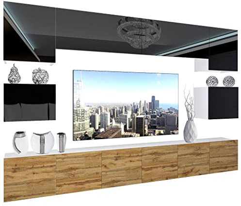 BELINI - Unité Murale TV NEX I Ensemble Muebles de Salon Complet I Ensemble Meuble TV avec Illumination LED I Dimensions: 300 x 180 x 36 cm I Coleur: Noir très Brillant/chêne wotan 1