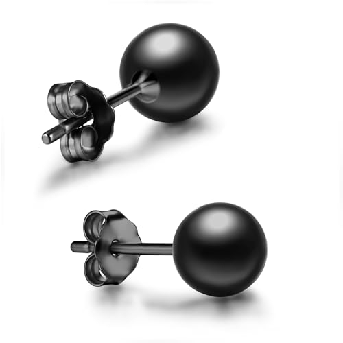 day.berlin 925 Silber Kugel Ohrstecker in Schwarz, runde Damen Ohrringe, 6mm Durchmesser rhodiniert mit Anlaufschutz, Ball Studs nickelfrei und wasserfest