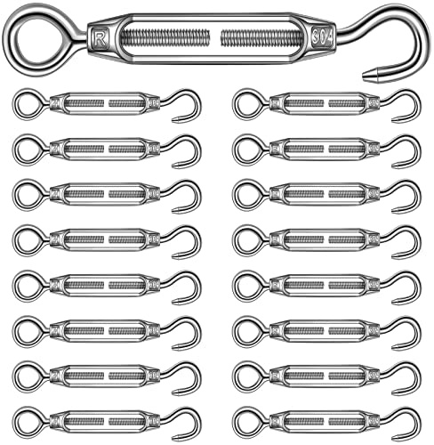 Chumia 16 Pcs M6/5/4 Turnbuckle Hook and Eye 304 Stainless Steel Heavy Duty Turnbuckle for Cables Wire Rope Tension Sun Shade Railing Sail Hardware Hanging DIY String Light Tent(M-Four,Silver)