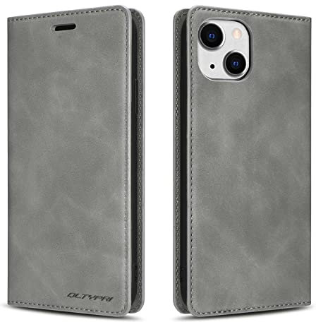QLTYPRI Case for iPhone 14, Premium PU Leather Cover TPU Bumper with Card Holder Kickstand Hidden Magnetic Adsorption Flip Wallet Case Cover for iPhone 14 - Grey