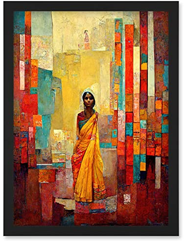 Doppelganger33 LTD Bright Bold Woman Yellow Saree Sari Hindu Muslim Skirt Dress Painting Artwork Framed Wall Art Print A4