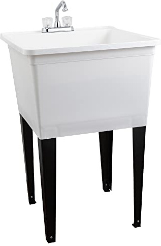 Tehila Basics by JS Jackson Supplies 21-Gallon White Freestanding Utility Sink with Chrome Finish 2-Handle Faucet, Heavy Duty Plastic Laundry Tub with Adjustable Legs