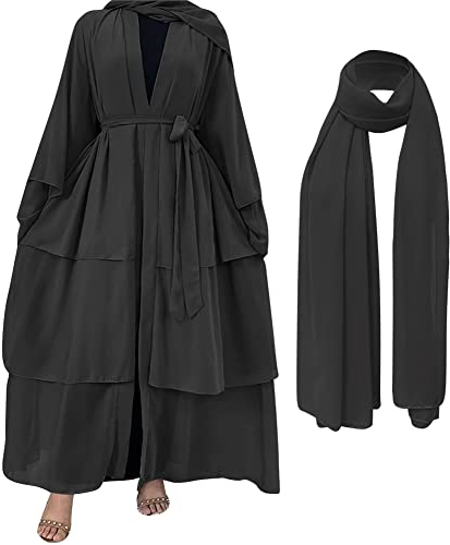 IBTOM CASTLE Kurdische Kleider - Damen Abaya Islamische Roben Mit Voller Länge Hijab Türkisch Muslimische Lang Set Jilbab Burka, Naher Osten Dubai Kaftan Kleid Ramadan Khimar 2 teilig Schwarz XXL