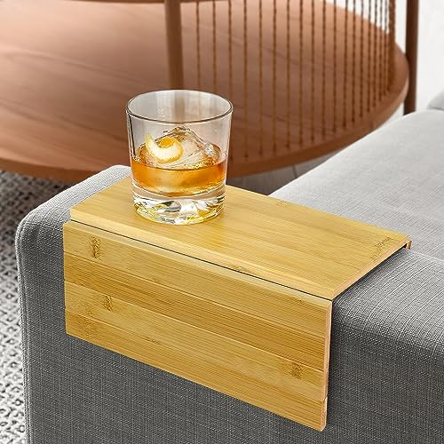 Bamboo Sofa Arm Tray Foldable Wooden Armrest Couch Organiser for Drinks, Bowl, Snack, Magazine, Remote - Couch Protector Laptop and Tablet Holder 36cm x 25cm x 1cm