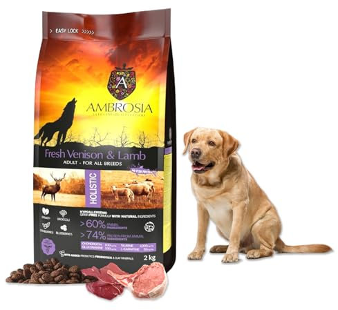 Ambrosia Ultra Premium Pet Food® | Grain-Free All breed Dry Dog Food, 2Kg, Hypoallergenic, High-Protein, Holistic | Fresh Venison & Lamb, Adult