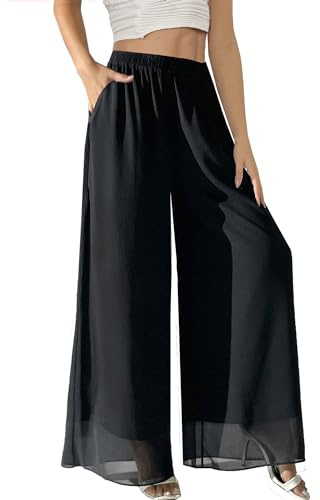 Fakanhui Palazzo-Hose aus Chiffon für Frauen, hochtailliert, elastisch, bequemes Hosen-Business-Casual, S/Kurz