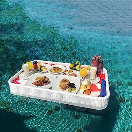 Schwimmendes Tablett Aus Rattan,Schwimmendes Tablett für Pool Rattan Gewebtes für Schwimmbad Party Wasserpark Strand Mottoparty,white