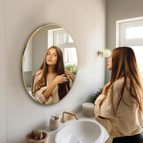 Ceramat Spiegel Rund Gold 60 cm Ø mit Rahmen, Runder Spiegel mit Metallrahmen und Aufhängung, Badezimmer Spiegel, Dekorative Wandspiegel rund für Bad, Wohnzimmer, Schlafzimmer