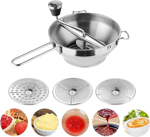 WLP Edelstahl-Marmeladenmaschine Manuelle Lebensmittelmühle Lebensmittelmühle Mit 3 Siebeinsätzen Püree-Maker Getreidemühle Handkurbel for Zerstampfen Sieben Und Reiben Von Obst Gemüse