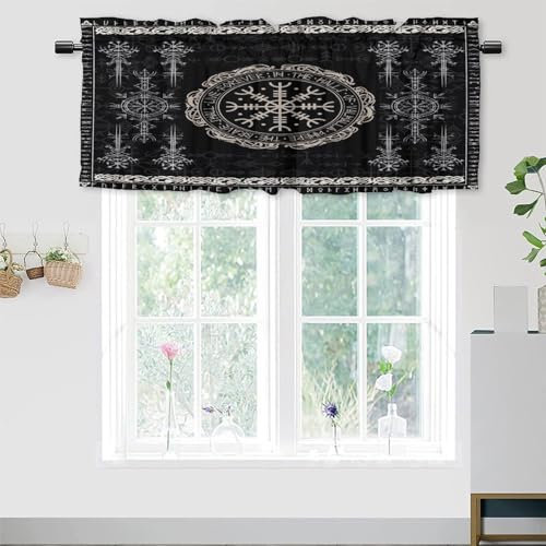 COALHO Norse Vikings Isolierte kurze Vorhänge, Fensterbehandlungen, Druck, schwarzer Wikinger, magischer Retro-Kompass, nordisches mystisches Symbol für Wohnzimmer, Schlafzimmer, Badezimmer, 138 x 46