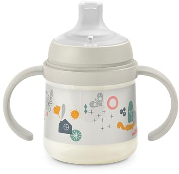 Suavinex, Vaso Aprendizaje Bebé con Boquilla de Silicona y Asas, Biberón con Asas, con Sistema Anticólico, Tapa Protectora, Vaso Antiderrame, 150 ml, para Bébés +6 Meses, Apto Lavavajillas, Gris