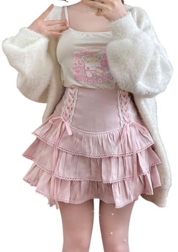 Cuteighteen Lolita lagrad minikjol för kvinnor, skorts, kawaii, lagrade volanger, hög midja, snörning, A-linje, söta kjolar för tonårstjejer, Rosa, S