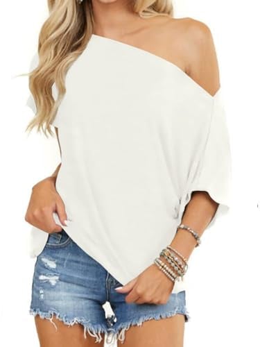 Eniloyal Oberteile Damen Sommer Off Shoulder Basic Tshirt Oversize Elegant Fledermausärmel T-Shirt Baumwolle Sexy Shirts Mollige Frauen Weiß L