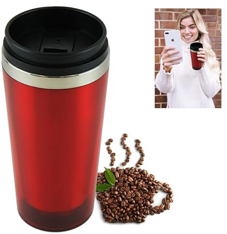 SRV Hub Red Travel Coffee Cup Leakproof 450ml(15oz) Double-Walled Vacuum Insulated Travel Mug Reusable Stainless Steel Coffee Mug BPA Free for Men and Women Car Mug – 25.5cm
