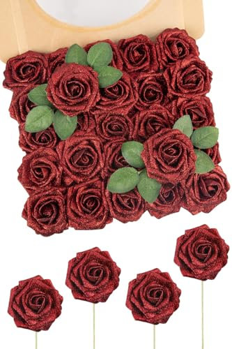 N&T NIETING Flores Artificiales con Purpurina, 25 Unidades, Rosas Falsas Rojas, Flores con Tallo para Bodas, Ramos de Flores, centros de Mesa, arreglos para Fiestas, Baby Showers y decoración del