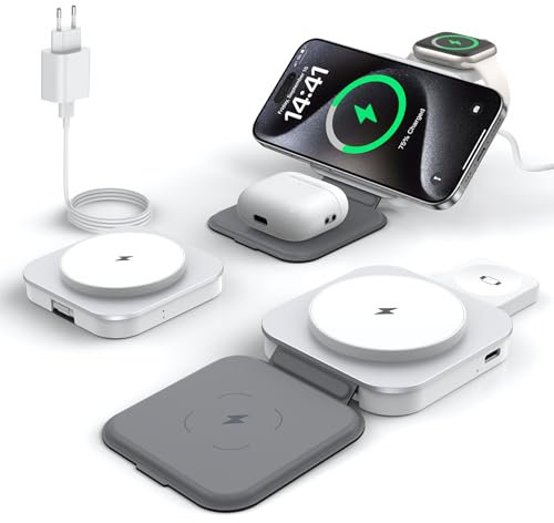 KEEPRO Cargador Pare iPhone Carga Rapida, Cargador Inalámbrico 3 en 1 Plegable para iPhone 16/15/14/13/12 Serie, AirPods Pro/4/3/2 & Apple Watch (Adaptador Incluido)-Blanco Nieve