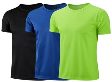 Fldy Kinder Jungen Sport T-Shirt 3er Set Schnelltrocknend Atmungsaktiv Sportshirt Kurzarm Teamsport Multisport Training Shirt Top Schwarz&Königsblau&Neongrün 104-110