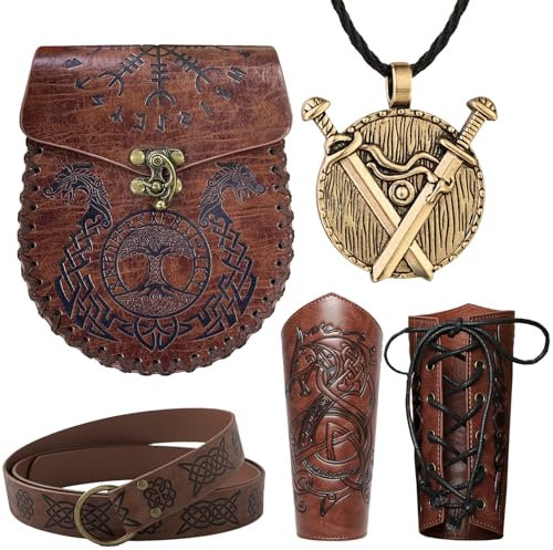 Wikinger Kleidung, 6 Stk Mittelalter Kleidung Damen Herren, Armschutz Bogenschießen, Armschienen Mittelalter, Mittelalter Gürtel Damen, Wikinger Deko für Halloween Cosplay Wikinger Kostüm(D)