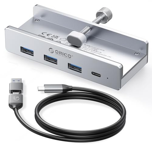 ORICO USB Hub 3.0 Clamp With Extra Power Supply, Aluminum 4-Port Adapter With 3 USB-A Data Ports, USB-C for Monitors, Desks - Silver