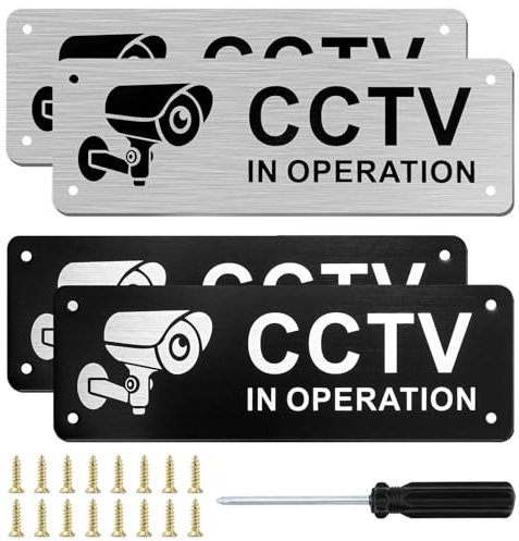 4 Pcs CCTV In Operation Sign Sticker CCTV Sign Metal Aluminum CCTV Signs Small CCTV Signage Surveillance Warning Signs Camera Recording Security Safety Sign For Windows Doors Walls House Business