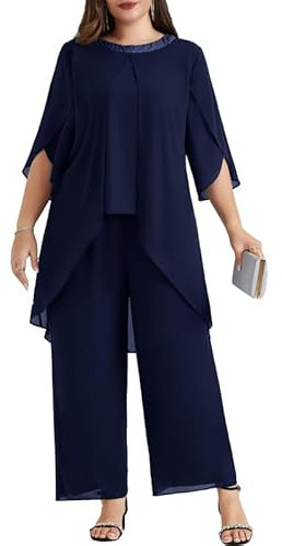 Hanna Nikole 2 Teiler Damen Elegant Abendanzug GroßE GrößEn Chiffon Hosenanzug Elegant Zweiteiler Festliches Outfit Hochzeitsgast Festmode Cocktail Abendmode Pailletten Hoch Taillierter Party Outfit