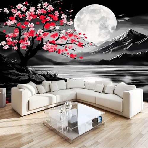 Vlies Fototapete Japanischer Stil Berge Kirschblütenbäume - Foto Tapete Schlafzimmer Wohnzimmer Moderne Vliestapete 200 x 140 cm Wandtapete Motivtapeten Bildtapete 3D Effekt Wand Dekoration