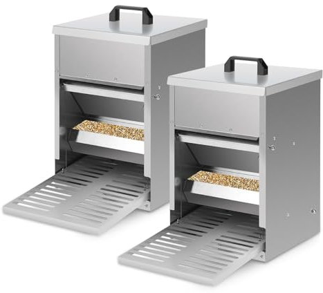 Izrielar 2X Futterautomat für Hühner Mit Trittplatte, Deckel, 5kg Verzinkt, Wasserdicht Rattensicher Futtertrog, Futterspender, Ideales Zubehör