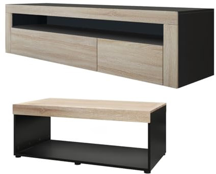 Vladon Wohnzimmer-Set Berlin, bestehend aus 1 TV-Board mit 1 offenem Fach und 2 Klappen und 1 Couchtisch, Schwarz matt/Eiche sägerau