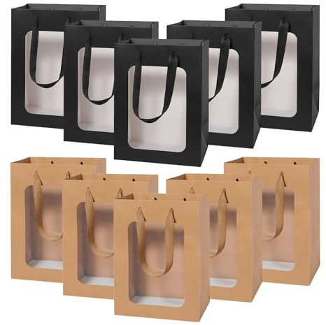 Papiertüten Schwarz und Braun 10 Stück Geschenktüten mit Klarem Fenster TUIOLUI Kleine Kraftpapiertüten mit Henkel Tüten für Einkaufen, Hochzeiten, Verpackungen, Geburtstag, Weihnachten 15X10X20 cm