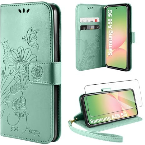 ivencase Handyhülle für Samsung Galaxy A56 5G Hülle mit 1 Stück Hartglas Schutzfolie, Flip Lederhülle Tasche Magnet Kartenfach Schutzhülle für Samsung A56 5G - Hellgrün