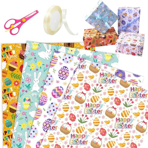 Geschenkpapier Ostern,8 Blätter Ostergeschenkpapier 70x50cm Geschenkpapier Kinder Geschenkpapier Ostern Rolle mit Küken Osterhase Ostereier Bunt Packpapier Geschenkverpackung für Ostern Geburtstag