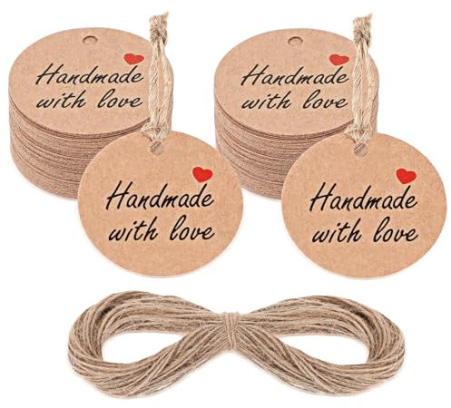 Ymapinc 100 Stück 3CM„Hand Made With Love“ Handmade Label Rund Geschenkanhänger zum Beschriften Kraftpapier Anhänger mit 20m Hanfseil für Weihnachten Hochzeit Geburtstag Geschenkverpackung