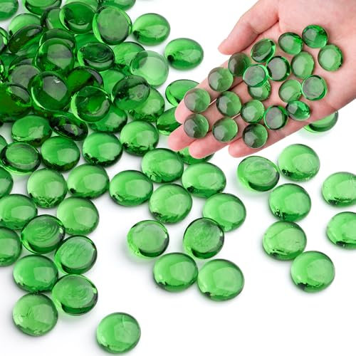 Meschett 0.44 kg de Billes de Verre Vert, Perles de Verre Plates pour vases, Cailloux pour décoration d’Aquarium, Pierres de mancala, Remplissage de Vase