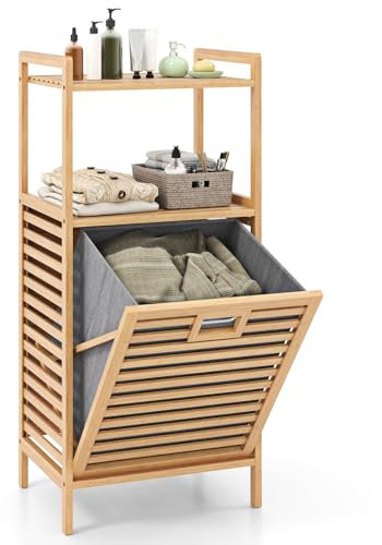 COSTWAY Bamboo Laundry Basket, Tilt-out Laundry Hamper with 2 Storage Shelves and Removable Bag, Freestanding Dirty Clothes Cabinet Washing Basket Organiser for Bathroom Bedroom, 44x34x96cm, Natural