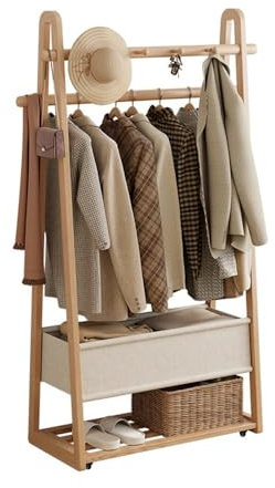 Porte-manteau autoportant Porte-manteau sur pied en bois massif, support de rangement mobile avec roulettes, Hall d'entrée, chambre à coucher avec sac en tissu, support suspendu Porte-manteau de coulo