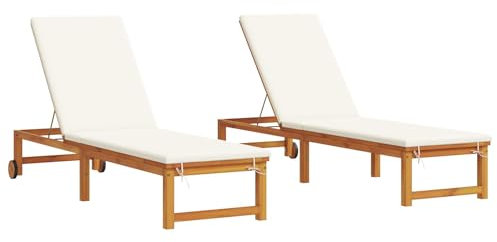 vidaXL Sonnenliegen 2er Set mit Kissen aus massivem Akazienholz in Creme Weiß, verstellbare Rückenlehne für entspannte Stunden draußen, Liegestühle, Gartenmöbel, Terrasse, modernes Bett, Lounge-Sessel