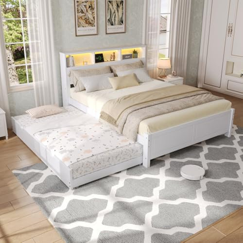 Seyakany - Cama doble (120 x 200 cm, con banda luminosa, toma de carga integrada, con cama nido de 90 x 190 cm, almacenamiento en cabecera, marco de pino, color blanco