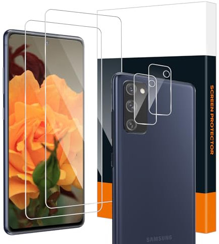 Cable Leader 2+2 Pieces Verre Trempé pour Samsung Galaxy S20 FE 5G, Dureté 9H protection écran, Caméra Protecteur, bords incurvés 2,5D, sans bulles, 0.33mm Haute définition S20 FE vitre protection