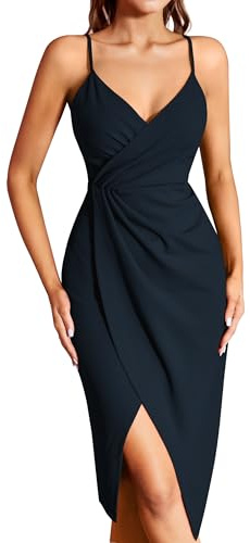 Missufe Damen Cocktailkleid Partykleid Wickelkleid Sommerkleid Midikleid Festliche Elegant Bodycon Hochzeit Ärmellos Spaghettiträger Abendkleider